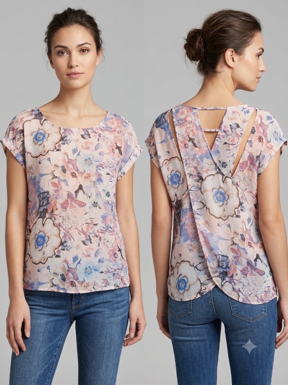 Forever 21 Floral Sheer Top Keyhole Back Pocket Blouse M